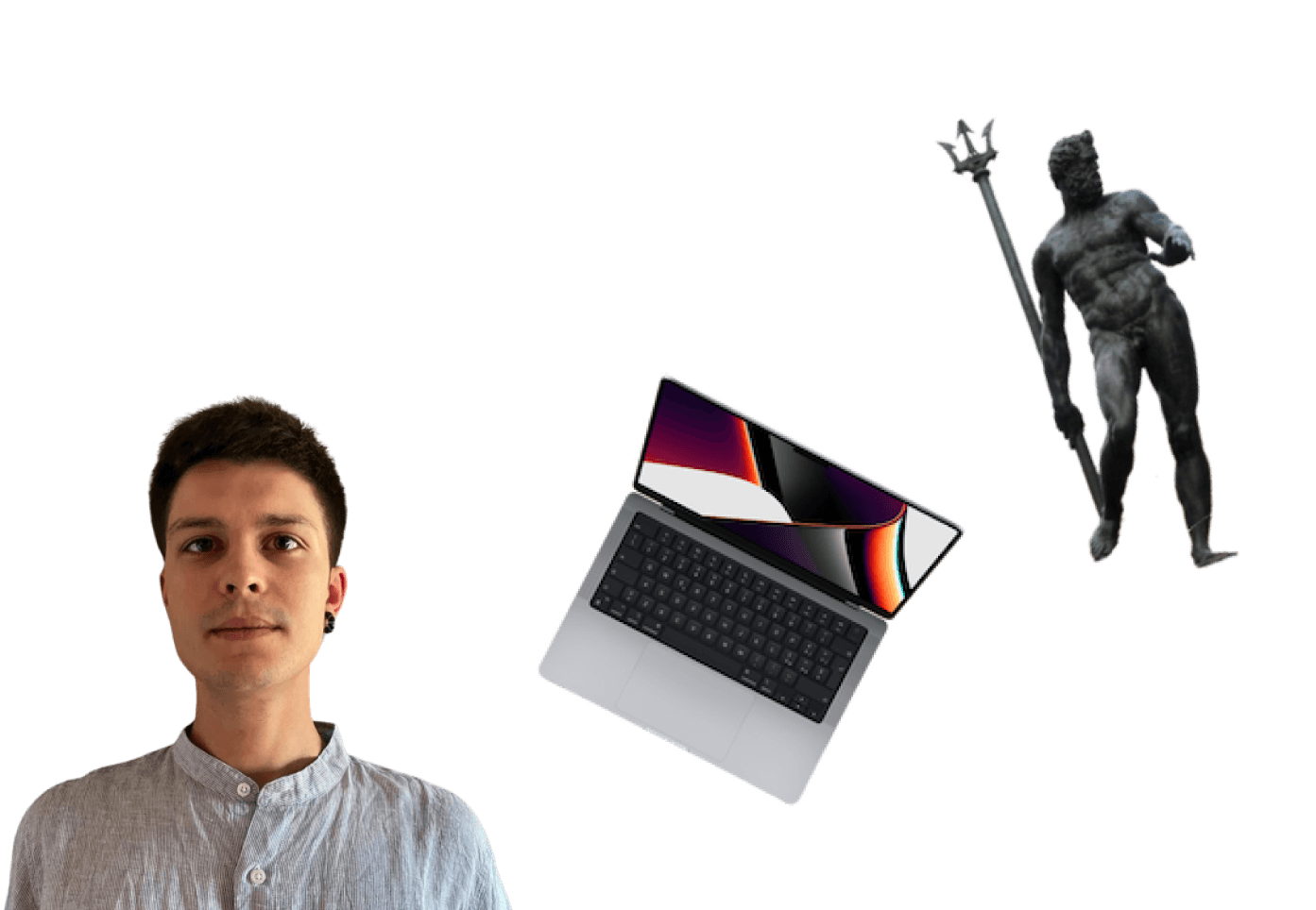 Immagine mezzo busto di Paolo Valmori, di un MacBook Pro e della statua del Nettuno in Piazza Maggiore, Bologna